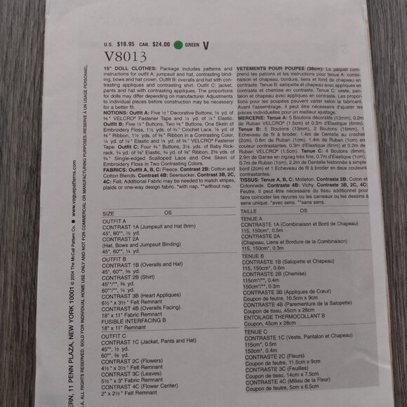 Vintage 15" Baby Doll Clothes Sewing Pattern Overalls Sleeper Jacket UNCUT Vogue - Picture 5 of 9